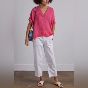 Xirena Pink Red Avery Split Neck Cotton Gauze Short Sleeve Top Size Small